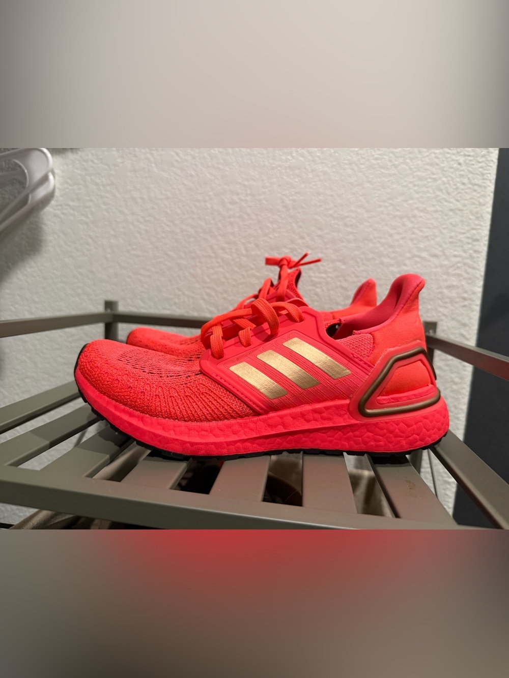 adidas Women’s Bright Coral-Red Running Shoes with Gold Stripes